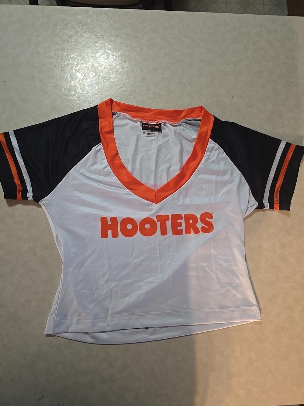 Hooters White and Orange Crop Top with Black Sleeves